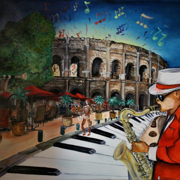 "Nîmes fête de la musique" huile sur toile